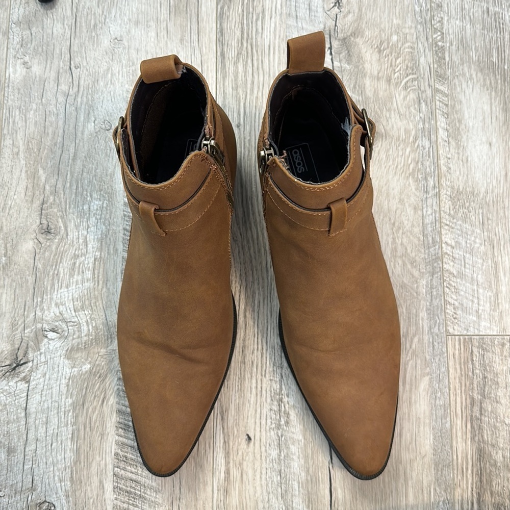 ASOS Tan Camel Buckle Strap Pointed Toe Ankle Booties - Picture 3 of 7